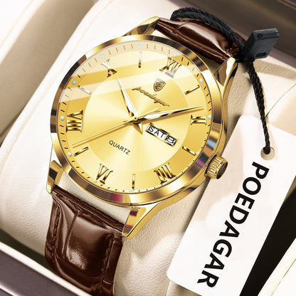 Luxury Business Wristwatch For Men, Date Week Leather Quartz Male Watch, Waterproof Luminous Fashion Men Watches
