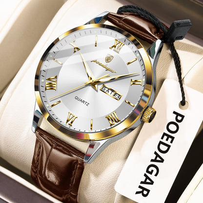 Luxury Business Wristwatch For Men, Date Week Leather Quartz Male Watch, Waterproof Luminous Fashion Men Watches