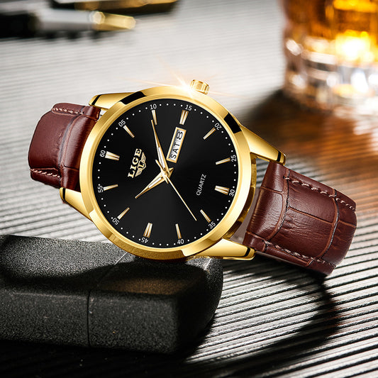 Leather Men's Quartz Wristwatch, Business Man Watch Waterproof Luminous, Auto Date Week Men Watches For Fashion