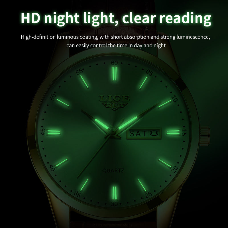 Leather Men's Quartz Wristwatch, Business Man Watch Waterproof Luminous, Auto Date Week Men Watches For Fashion