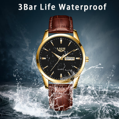 Leather Men's Quartz Wristwatch, Business Man Watch Waterproof Luminous, Auto Date Week Men Watches For Fashion