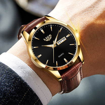 Leather Men's Quartz Wristwatch, Business Man Watch Waterproof Luminous, Auto Date Week Men Watches For Fashion