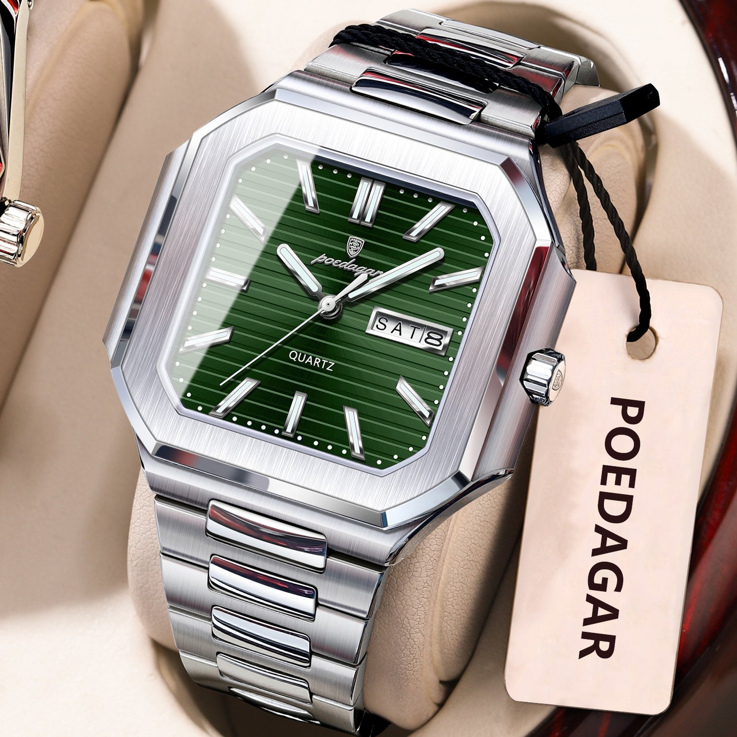 Stainless Steel Luxury Square Male Watch, Waterproof Luminous Date Week Quartz Watches For Men, Fashion Men Clocks