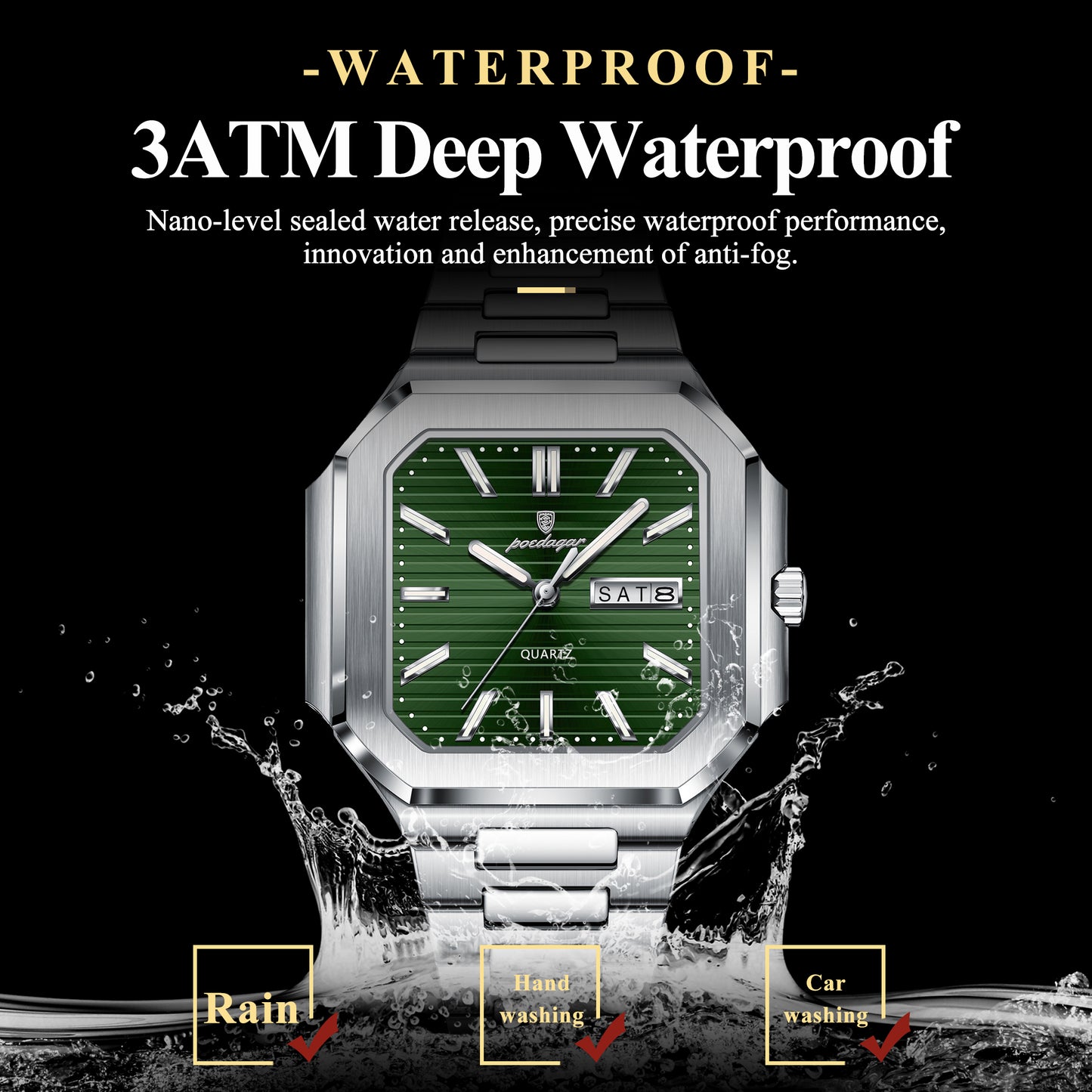 Stainless Steel Luxury Square Male Watch, Waterproof Luminous Date Week Quartz Watches For Men, Fashion Men Clocks