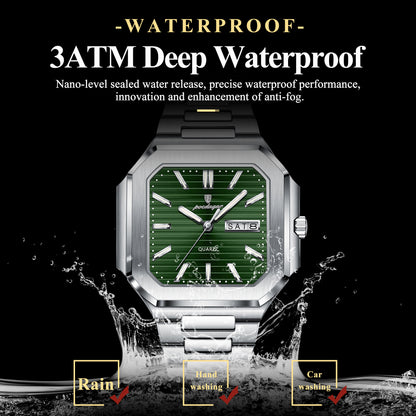 Stainless Steel Luxury Square Male Watch, Waterproof Luminous Date Week Quartz Watches For Men, Fashion Men Clocks