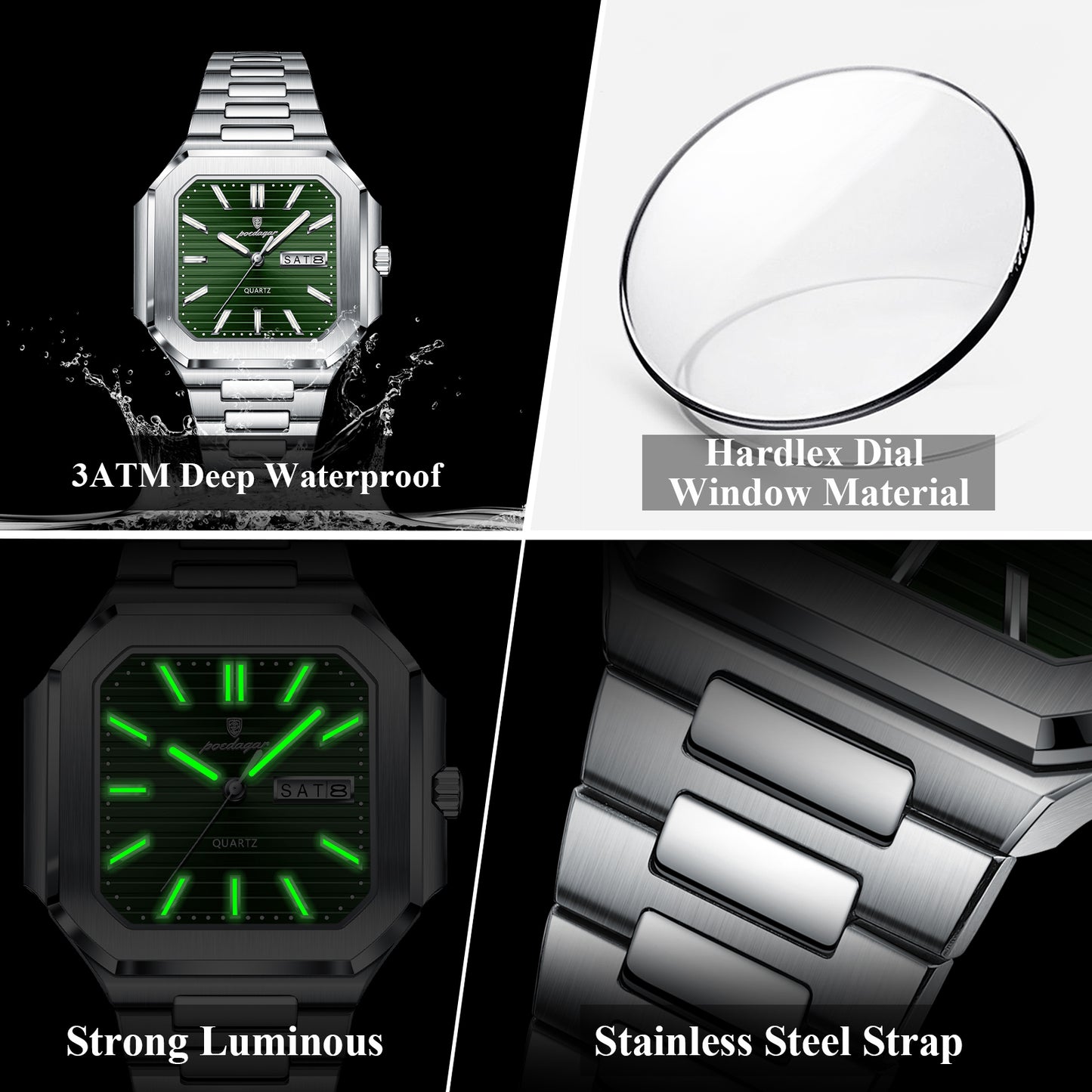 Stainless Steel Luxury Square Male Watch, Waterproof Luminous Date Week Quartz Watches For Men, Fashion Men Clocks