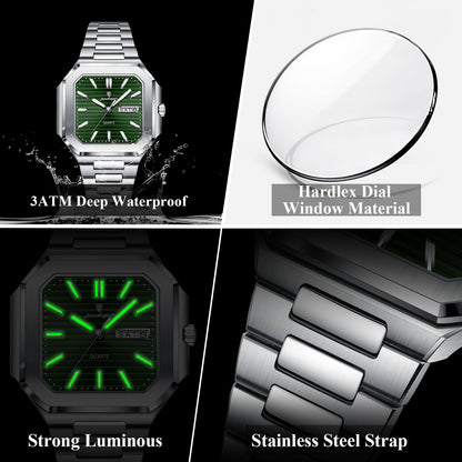 Stainless Steel Luxury Square Male Watch, Waterproof Luminous Date Week Quartz Watches For Men, Fashion Men Clocks