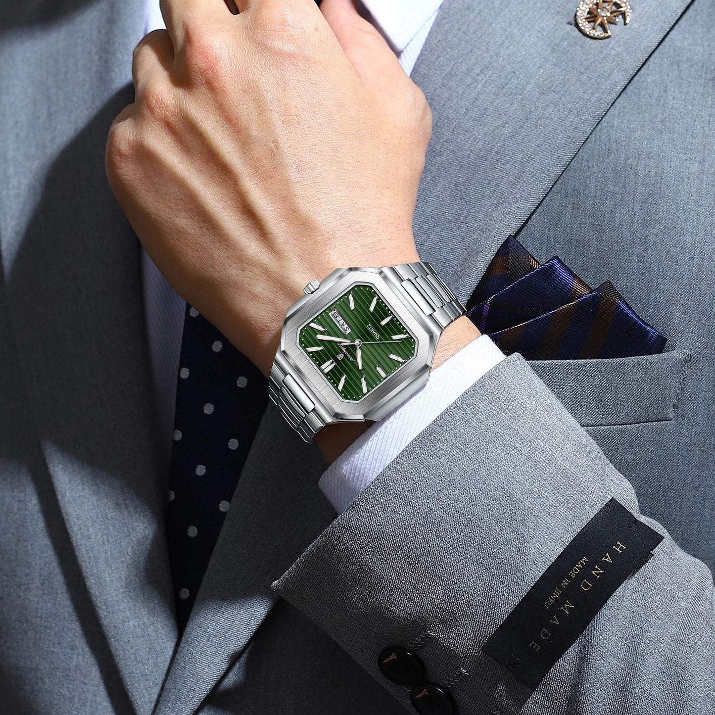 Stainless Steel Luxury Square Male Watch, Waterproof Luminous Date Week Quartz Watches For Men, Fashion Men Clocks
