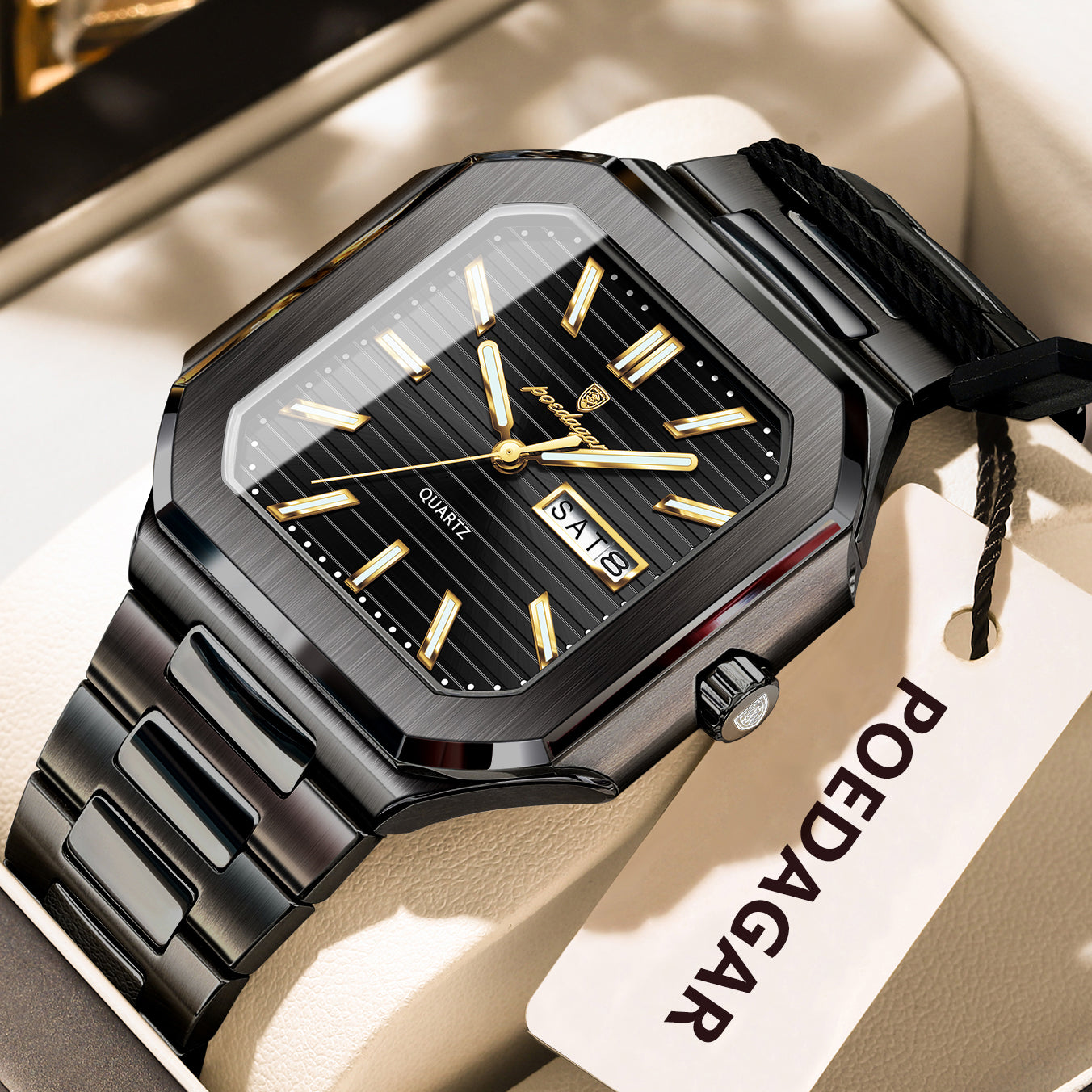 Stainless Steel Luxury Square Male Watch, Waterproof Luminous Date Week Quartz Watches For Men, Fashion Men Clocks