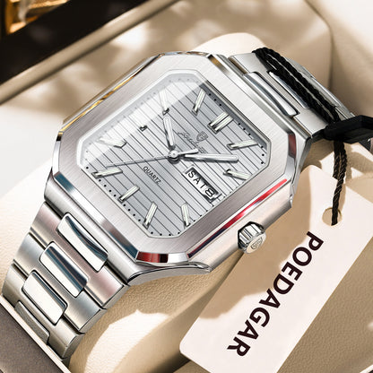 Stainless Steel Luxury Square Male Watch, Waterproof Luminous Date Week Quartz Watches For Men, Fashion Men Clocks