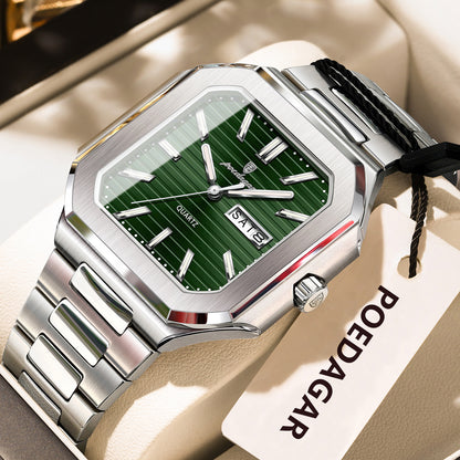 Stainless Steel Luxury Square Male Watch, Waterproof Luminous Date Week Quartz Watches For Men, Fashion Men Clocks