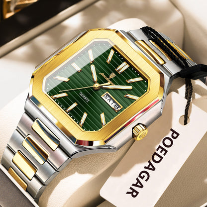 Stainless Steel Luxury Square Male Watch, Waterproof Luminous Date Week Quartz Watches For Men, Fashion Men Clocks