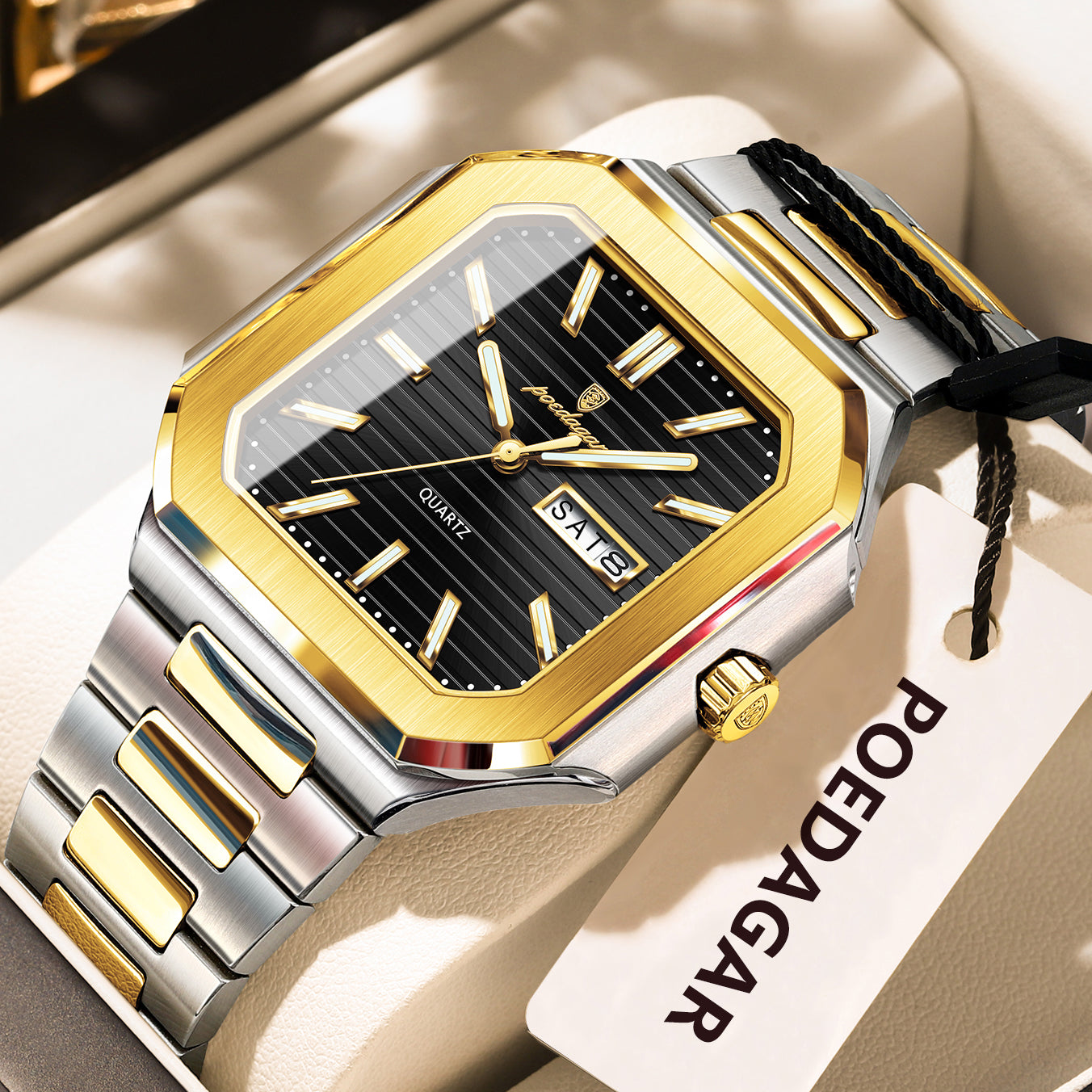 Stainless Steel Luxury Square Male Watch, Waterproof Luminous Date Week Quartz Watches For Men, Fashion Men Clocks