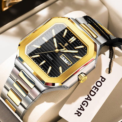 Stainless Steel Luxury Square Male Watch, Waterproof Luminous Date Week Quartz Watches For Men, Fashion Men Clocks