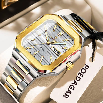 Stainless Steel Luxury Square Male Watch, Waterproof Luminous Date Week Quartz Watches For Men, Fashion Men Clocks