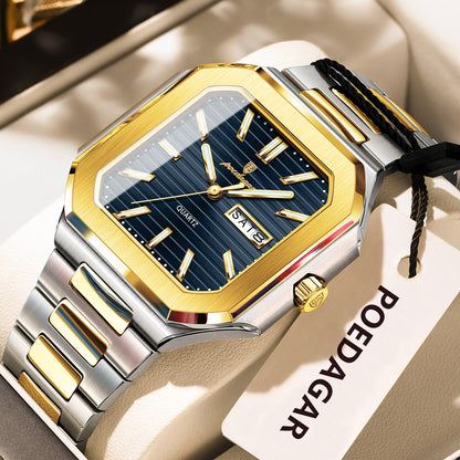Stainless Steel Luxury Square Male Watch, Waterproof Luminous Date Week Quartz Watches For Men, Fashion Men Clocks