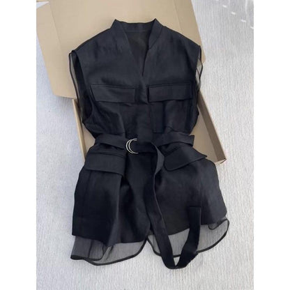 Elegant Office Casual Waistcoat, Korean Summer Black Sleeveless Vest Tops for Women