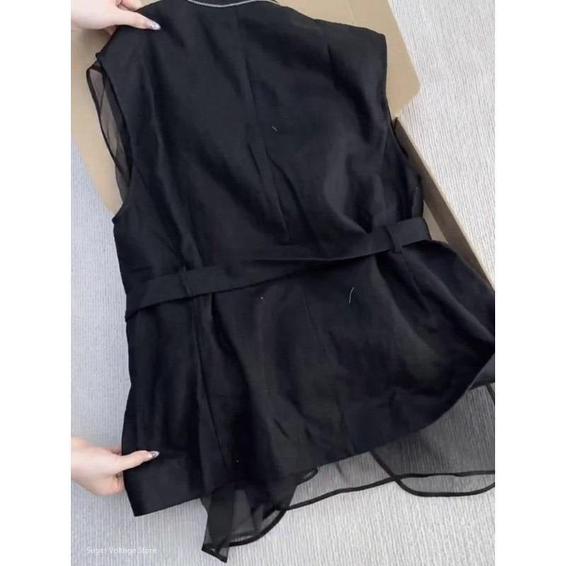 Elegant Office Casual Waistcoat, Korean Summer Black Sleeveless Vest Tops for Women