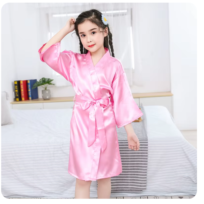 Satin Silk Pink Bathrobes for Girls, Nightwear Kimono, Summer Girl Sleepwear, Children Wedding Spa Party Dress