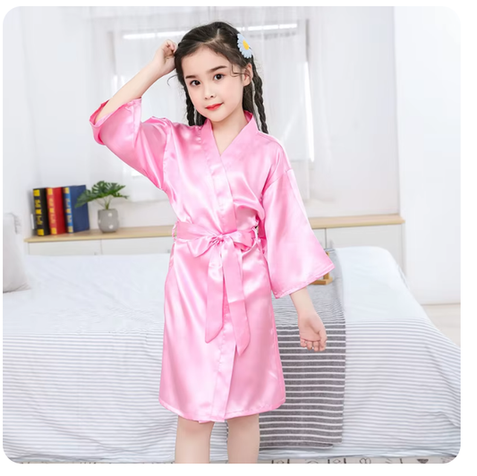 Satin Silk Pink Bathrobes for Girls, Nightwear Kimono, Summer Girl Sleepwear, Children Wedding Spa Party Dress