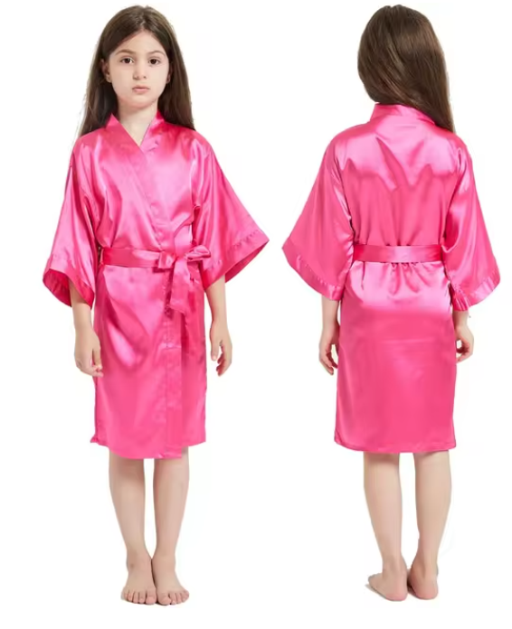 Satin Silk Pink Bathrobes for Girls, Nightwear Kimono, Summer Girl Sleepwear, Children Wedding Spa Party Dress