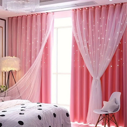 Double Layer Star Curtains for Girls Bedroom Set of 2 Panels