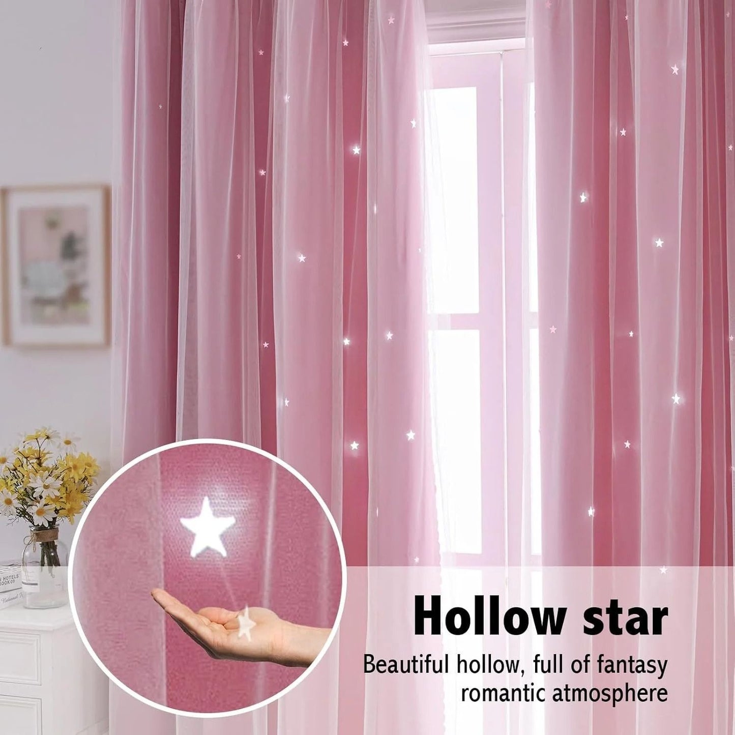Double Layer Star Curtains for Girls Bedroom Set of 2 Panels