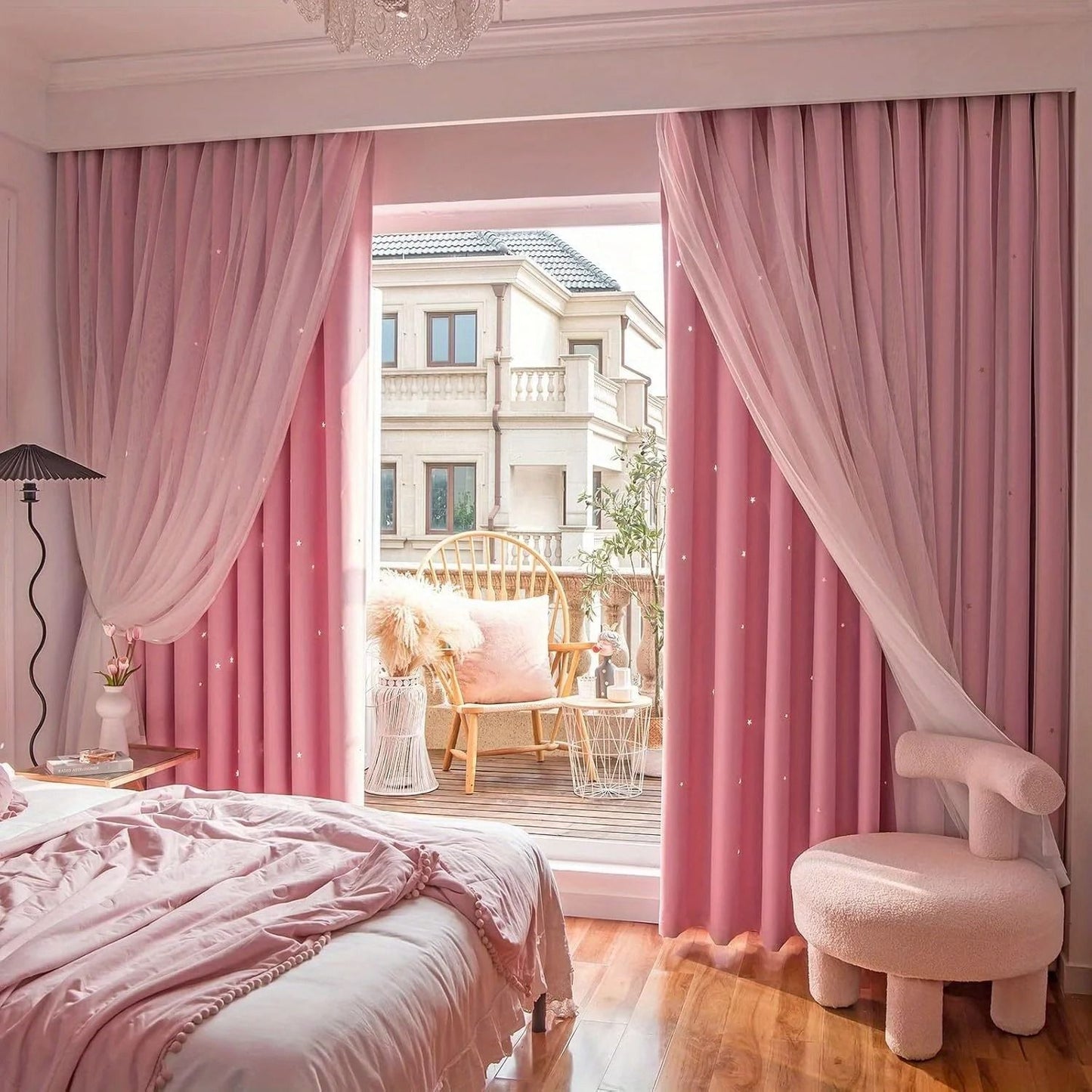 Double Layer Star Curtains for Girls Bedroom Set of 2 Panels