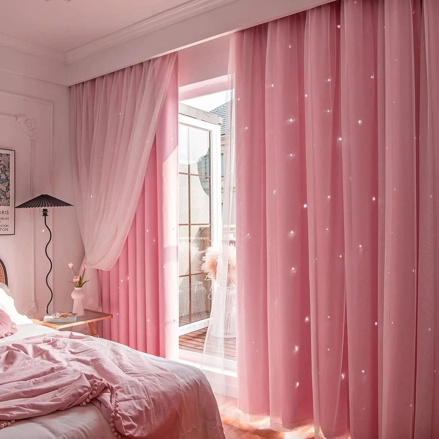 Double Layer Star Curtains for Girls Bedroom Set of 2 Panels