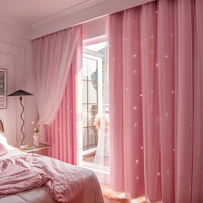 Double Layer Star Curtains for Girls Bedroom Set of 2 Panels