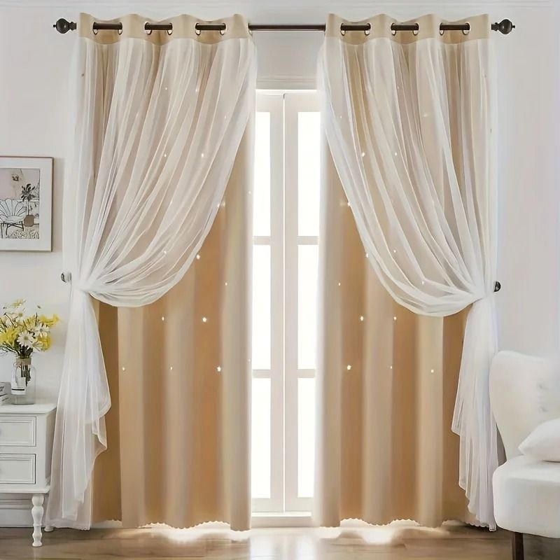 Double Layer Star Curtains for Girls Bedroom Set of 2 Panels