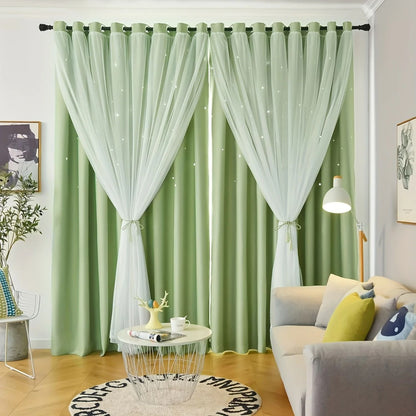 Double Layer Star Curtains for Girls Bedroom Set of 2 Panels