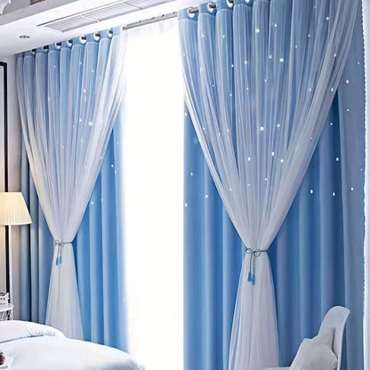 Double Layer Star Curtains for Girls Bedroom Set of 2 Panels