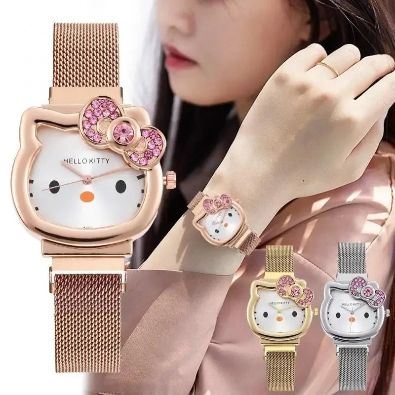 Sanrio Anime Quartz Watch, Hello Kitty Bow Diamond Design, Cute Cartoon Magnet Watches for Girls Birthday Gifts