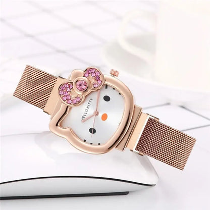 Sanrio Anime Quartz Watch, Hello Kitty Bow Diamond Design, Cute Cartoon Magnet Watches for Girls Birthday Gifts