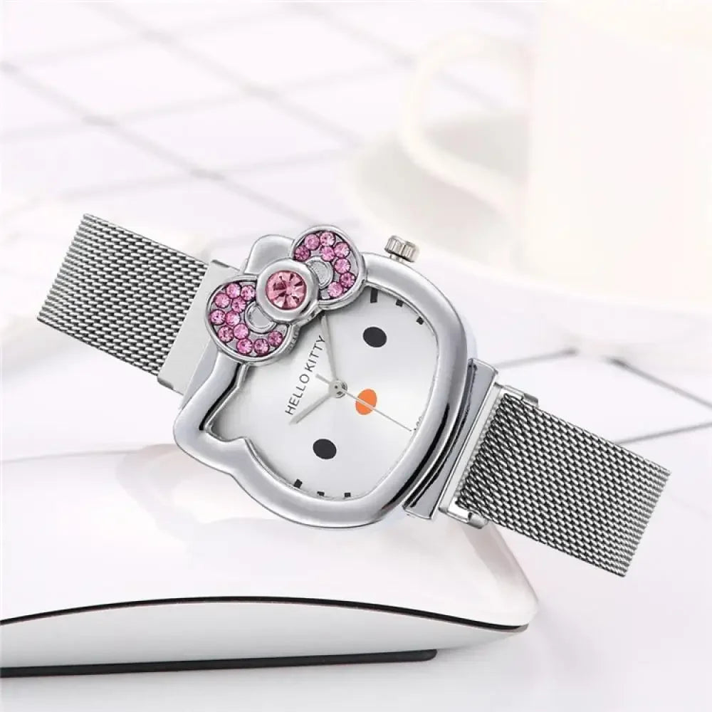 Sanrio Anime Quartz Watch, Hello Kitty Bow Diamond Design, Cute Cartoon Magnet Watches for Girls Birthday Gifts