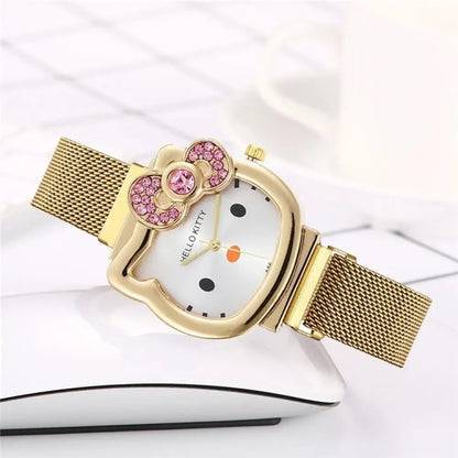 Sanrio Anime Quartz Watch, Hello Kitty Bow Diamond Design, Cute Cartoon Magnet Watches for Girls Birthday Gifts