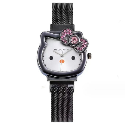 Sanrio Anime Quartz Watch, Hello Kitty Bow Diamond Design, Cute Cartoon Magnet Watches for Girls Birthday Gifts