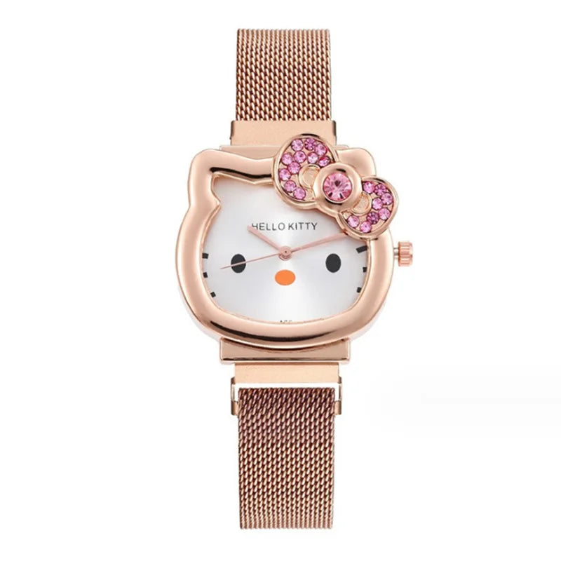 Sanrio Anime Quartz Watch, Hello Kitty Bow Diamond Design, Cute Cartoon Magnet Watches for Girls Birthday Gifts