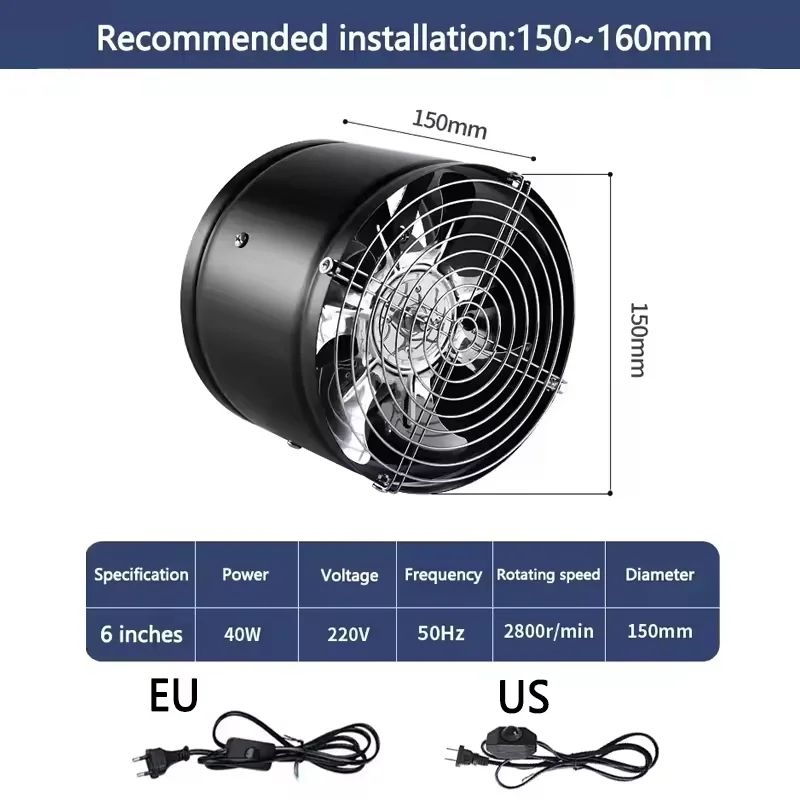 220V Metal Inline Duct Exhaust Fan (4–6 Inch) - Quiet Bathroom Ventilation Fan for Moisture & Odor Removal