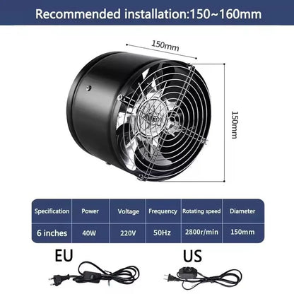 220V Metal Inline Duct Exhaust Fan (4–6 Inch) - Quiet Bathroom Ventilation Fan for Moisture & Odor Removal