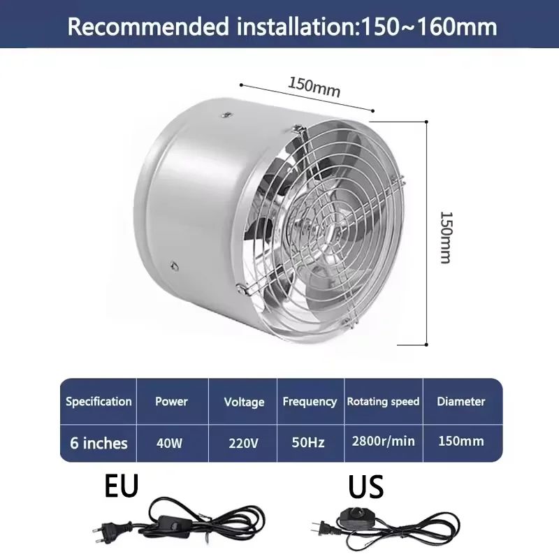 220V Metal Inline Duct Exhaust Fan (4–6 Inch) - Quiet Bathroom Ventilation Fan for Moisture & Odor Removal
