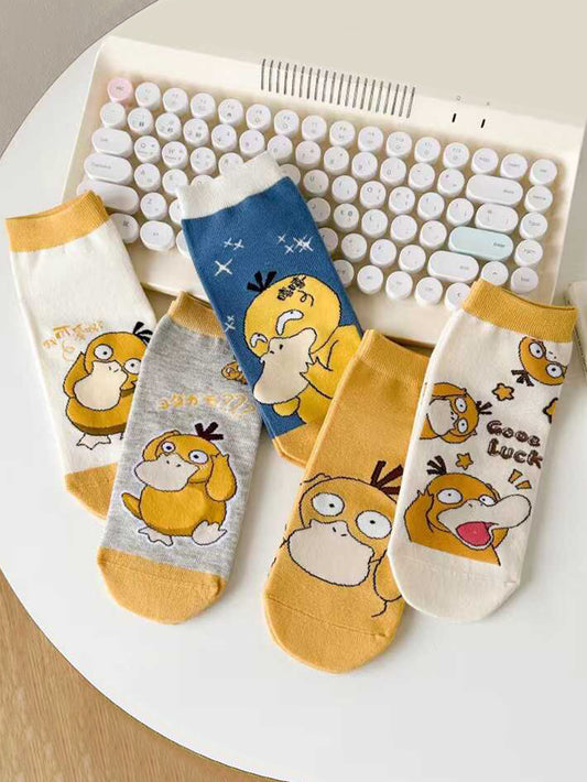 Versatile Sweet and Cute Psyduck Casual Socks, Fashion Cartoon Anime Design, Outdoor Short Socks for Everyday