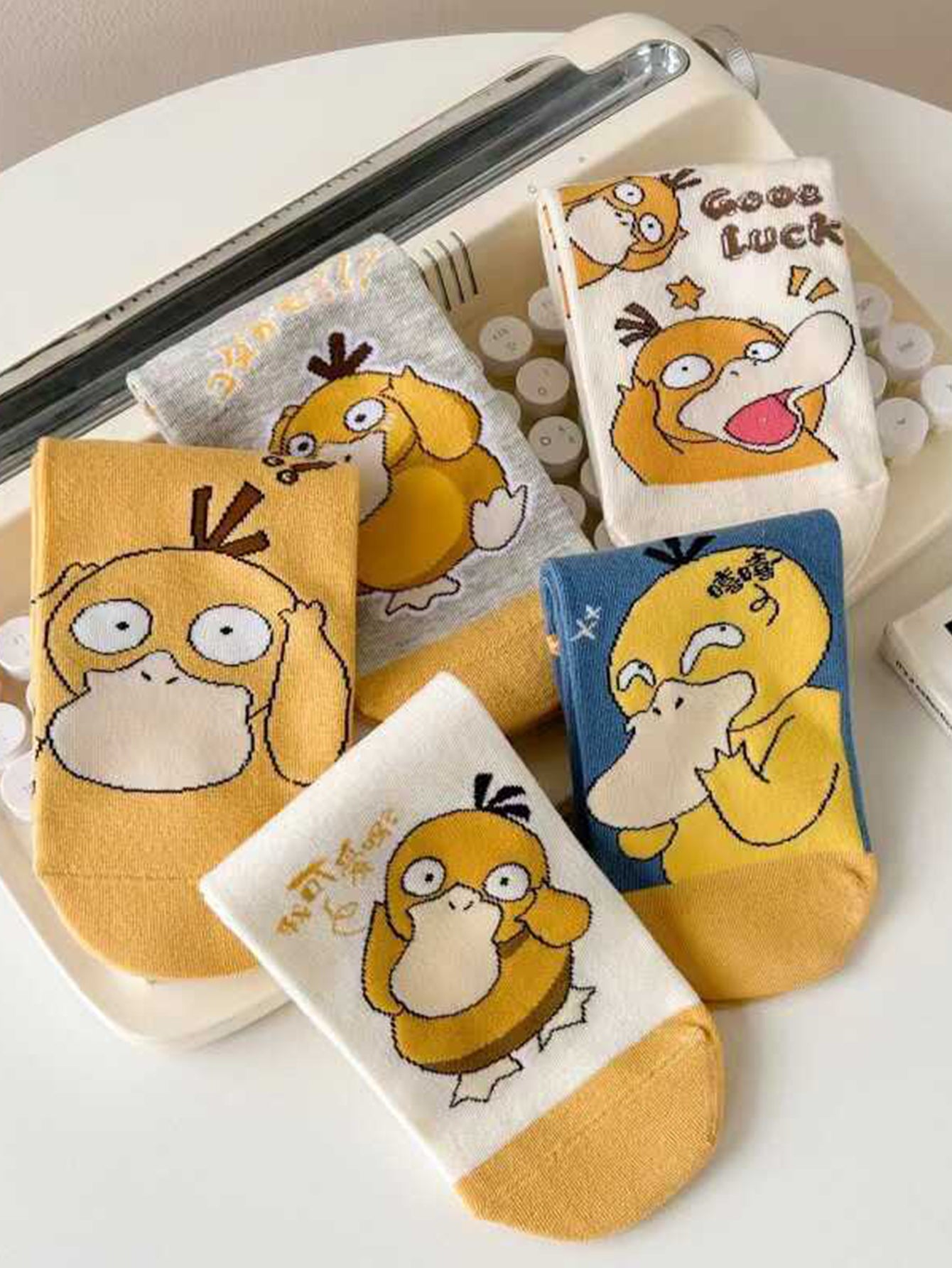 Versatile Sweet and Cute Psyduck Casual Socks, Fashion Cartoon Anime Design, Outdoor Short Socks for Everyday