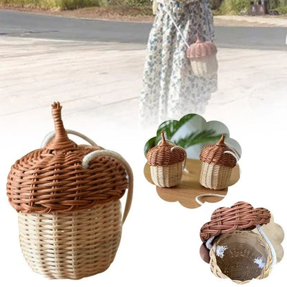 Acorn Rattan Bucket Bag – Handwoven Woven Shoulder Bag for Boho Beach Days & Cute Storage