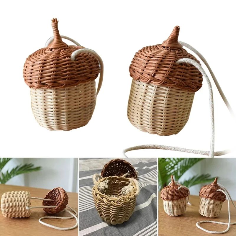 Acorn Rattan Bucket Bag – Handwoven Woven Shoulder Bag for Boho Beach Days & Cute Storage