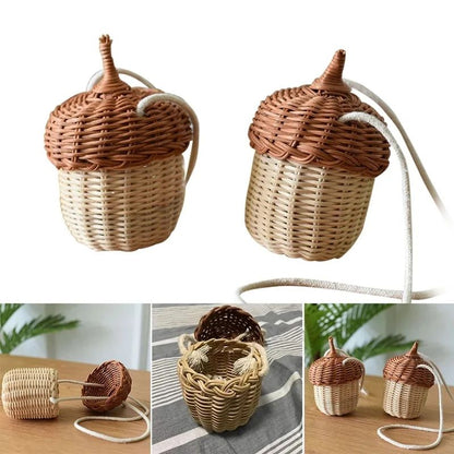 Acorn Rattan Bucket Bag – Handwoven Woven Shoulder Bag for Boho Beach Days & Cute Storage
