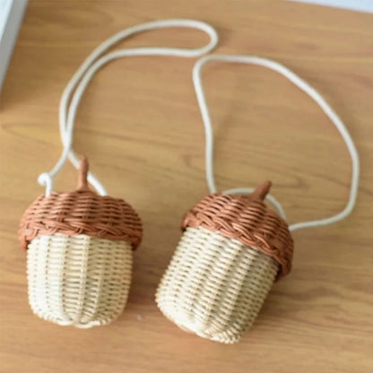 Acorn Rattan Bucket Bag – Handwoven Woven Shoulder Bag for Boho Beach Days & Cute Storage