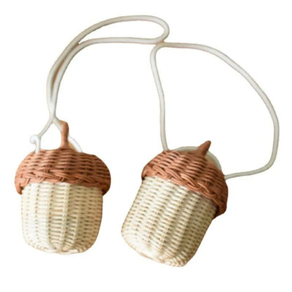 Acorn Rattan Bucket Bag – Handwoven Woven Shoulder Bag for Boho Beach Days & Cute Storage