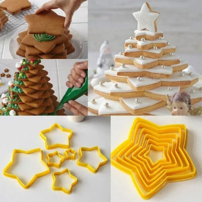 6-Piece 3D Christmas Cookie Cutter Set - Tree & Star Shapes for Festive Baking